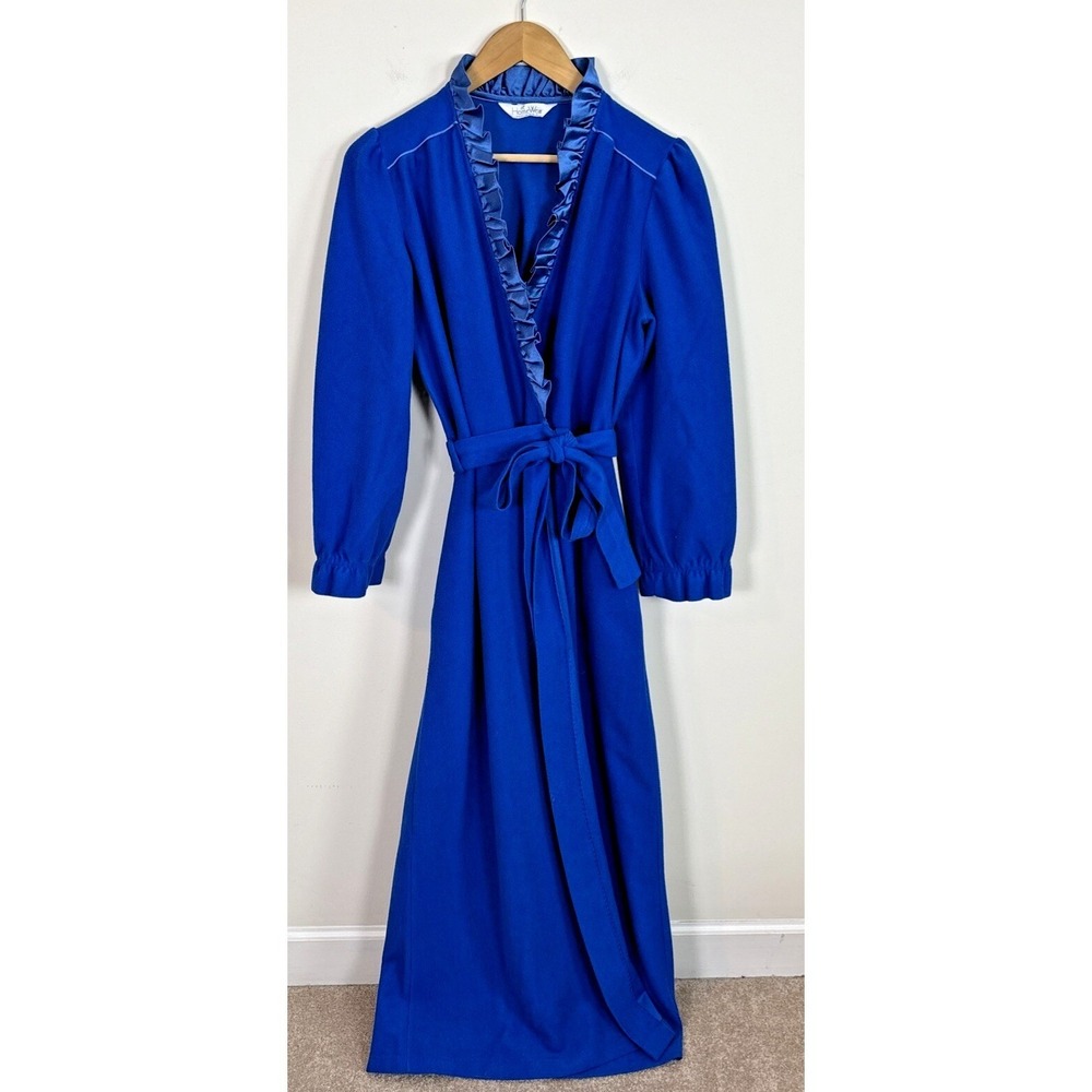 Vtg Sears At Home Wear Robe Womens Sz M Royal Blue Ruffle Trim Long